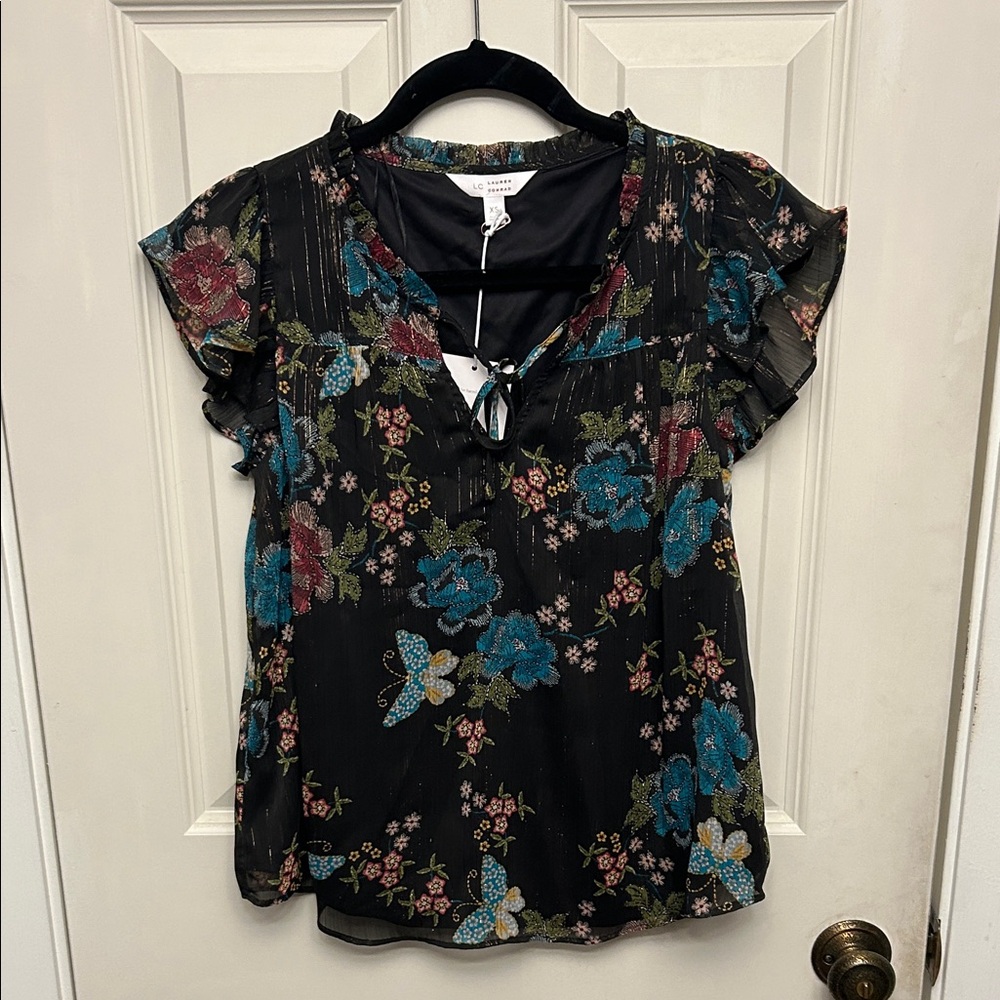 LC Lauren Conrad Black Floral Blouse with Ruffle Sleeves